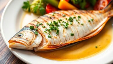 طبق سمك مشوي مع خضروات طازجة وأعشاب.